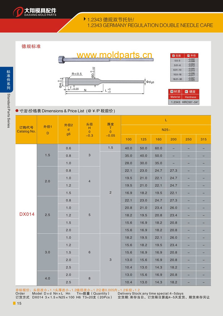 東莞大翔模具配件有限公司專業(yè)生產(chǎn)1.2343德規(guī)雙節(jié)頂針，1.2343德規(guī)雙節(jié)頂針的材質(zhì)、熱處理、硬度、標(biāo)準(zhǔn)、型號等詳情說明和介紹，您可以通過本頁面下單留言或者發(fā)送詢/報價
