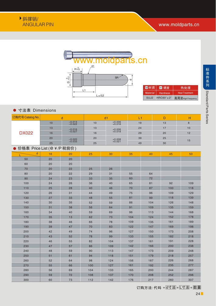東莞大翔模具配件有限公司專業(yè)生產(chǎn)斜撐銷，斜撐銷的材質(zhì)、熱處理、硬度、標(biāo)準(zhǔn)、型號(hào)等詳情說明和介紹，您可以通過本頁面下單留言或者發(fā)送詢/報(bào)價(jià)