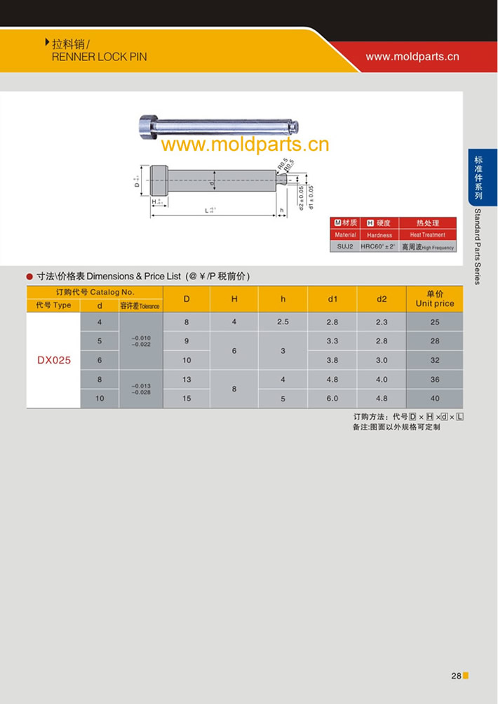 東莞大翔模具配件有限公司專業(yè)生產(chǎn)拉料銷，拉料銷的材質(zhì)、熱處理、硬度、標(biāo)準(zhǔn)、型號等詳情說明和介紹，您可以通過本頁面下單留言或者發(fā)送詢/報價