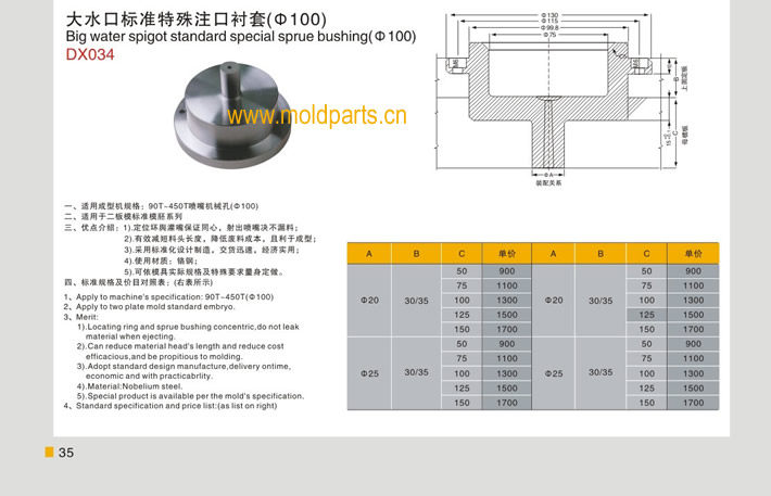 東莞大翔模具配件有限公司專(zhuān)業(yè)生產(chǎn)100大水口標(biāo)準(zhǔn)特殊注口襯套，100大水口標(biāo)準(zhǔn)特殊注口襯套的材質(zhì)、熱處理、硬度、標(biāo)準(zhǔn)、型號(hào)等詳情說(shuō)明和介紹，您可以通過(guò)本頁(yè)面下單留言或者發(fā)送詢(xún)/報(bào)價(jià)