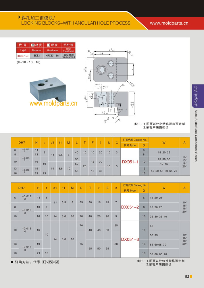 東莞大翔模具配件有限公司專業(yè)生產(chǎn)斜孔加工鎖模塊，斜孔加工鎖模塊的材質(zhì)、熱處理、硬度、標(biāo)準(zhǔn)、型號等詳情說明和介紹，您可以通過本頁面下單留言或者發(fā)送詢/報(bào)價(jià)