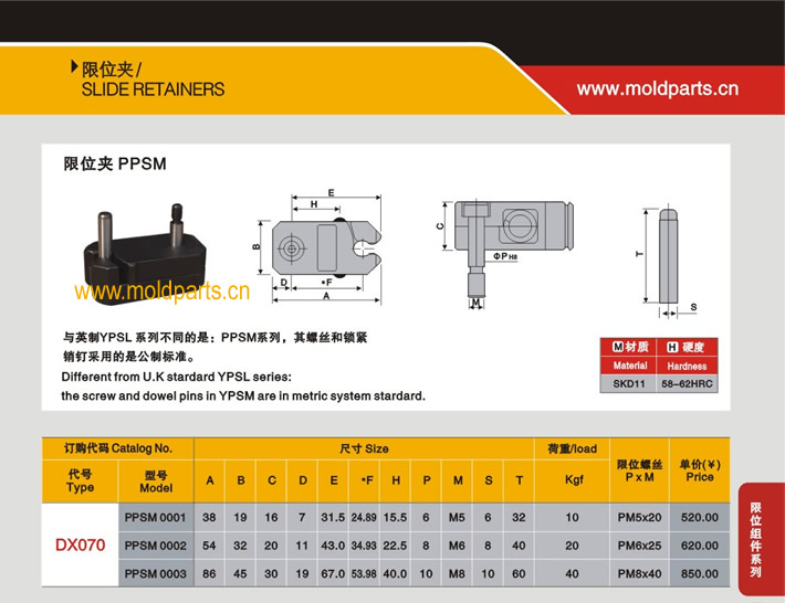 東莞大翔模具配件有限公司專業(yè)生產(chǎn)DME標(biāo)準(zhǔn)PPSM限位夾，DME標(biāo)準(zhǔn)PPSM限位夾的材質(zhì)、熱處理、硬度、標(biāo)準(zhǔn)、型號等詳情說明和介紹，您可以通過本頁面下單留言或者發(fā)送詢/報價