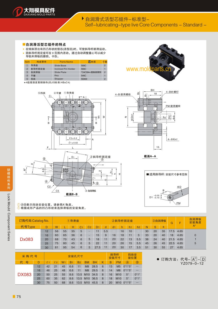東莞大翔模具配件有限公司專(zhuān)業(yè)生產(chǎn)自潤(rùn)滑式活型芯組件(標(biāo)準(zhǔn)型)，自潤(rùn)滑式活型芯組件(標(biāo)準(zhǔn)型)的材質(zhì)、熱處理、硬度、標(biāo)準(zhǔn)、型號(hào)等詳情說(shuō)明和介紹，您可以通過(guò)本頁(yè)面下單留言或者發(fā)送詢(xún)/報(bào)價(jià)