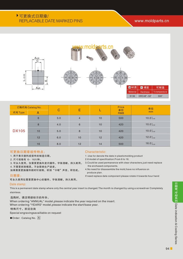 東莞大翔模具配件有限公司專業(yè)生產(chǎn)可更換式日期章，可更換式日期章的材質(zhì)、熱處理、硬度、標(biāo)準(zhǔn)、型號(hào)等詳情說(shuō)明和介紹，您可以通過(guò)本頁(yè)面下單留言或者發(fā)送詢/報(bào)價(jià)