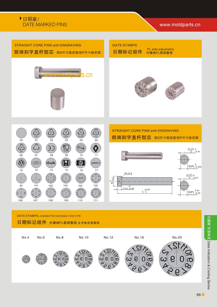 東莞大翔模具配件有限公司專(zhuān)業(yè)生產(chǎn)日期章標(biāo)記組件，日期章標(biāo)記組件的材質(zhì)、熱處理、硬度、標(biāo)準(zhǔn)、型號(hào)等詳情說(shuō)明和介紹，您可以通過(guò)本頁(yè)面下單留言或者發(fā)送詢(xún)/報(bào)價(jià)