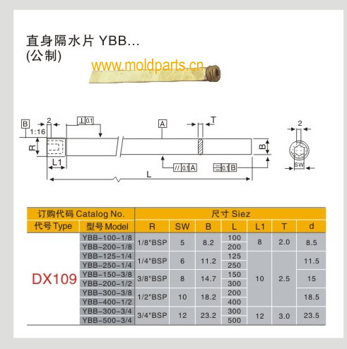 東莞大翔模具配件有限公司專業(yè)生產(chǎn)DME標準YBB直身隔水片，DME標準YBB直身隔水片的材質(zhì)、熱處理、硬度、標準、型號等詳情說明和介紹，您可以通過本頁面下單留言或者發(fā)送詢/報價
