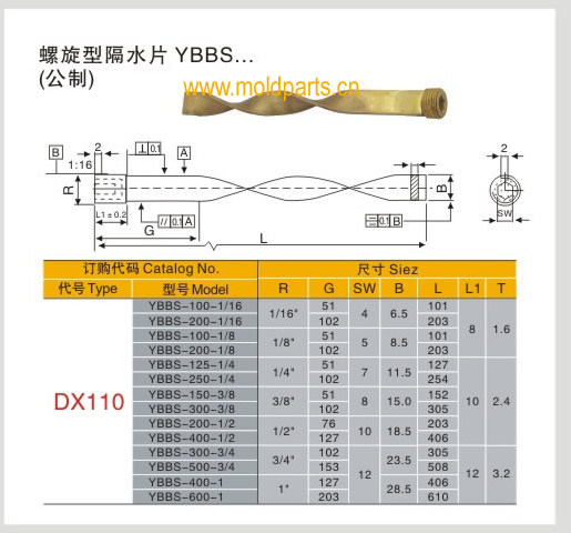 東莞大翔模具配件有限公司專業(yè)生產(chǎn)DME標(biāo)準(zhǔn)YBBS螺旋型隔水片，DME標(biāo)準(zhǔn)YBBS螺旋型隔水片的材質(zhì)、熱處理、硬度、標(biāo)準(zhǔn)、型號(hào)等詳情說明和介紹，您可以通過本頁面下單留言或者發(fā)送詢/報(bào)價(jià)