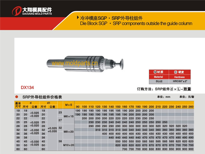 東莞大翔模具配件有限公司專業(yè)生產(chǎn)冷沖模SRP外導(dǎo)柱組件，冷沖模SRP外導(dǎo)柱組件的材質(zhì)、熱處理、硬度、標(biāo)準(zhǔn)、型號等詳情說明和介紹，您可以通過本頁面下單留言或者發(fā)送詢/報(bào)價(jià)