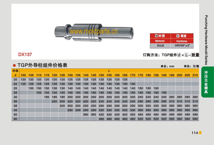 東莞大翔模具配件有限公司專業(yè)生產(chǎn)冷沖模TGP外導(dǎo)柱組件，冷沖模TGP外導(dǎo)柱組件的材質(zhì)、熱處理、硬度、標準、型號等詳情說明和介紹，您可以通過本頁面下單留言或者發(fā)送詢/報價